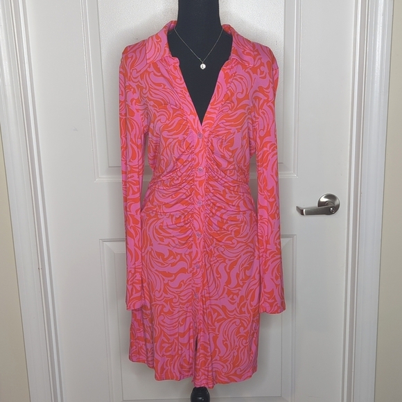 NEW Sanctuary Daydream Knit Stretch Button Front Shirt Dress Pink Orange Print L - Picture 3 of 13